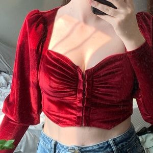 Gorgeous Red Velvet Bustier Long Sleeve Crop Top with Sweetheart Neckline